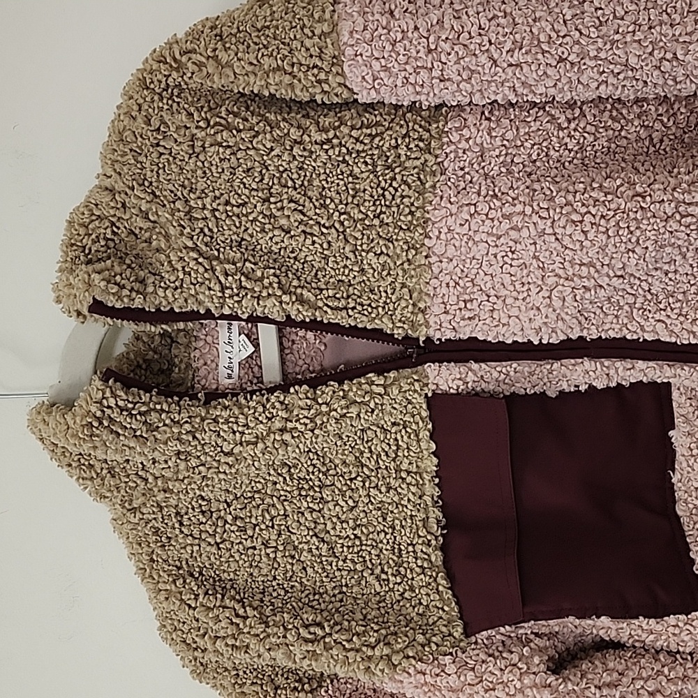ForLove And Lemons Patchwork Sherpa Full Zip Colorblock Jacket Pink Beige SZ XS - Picture 7 of 17